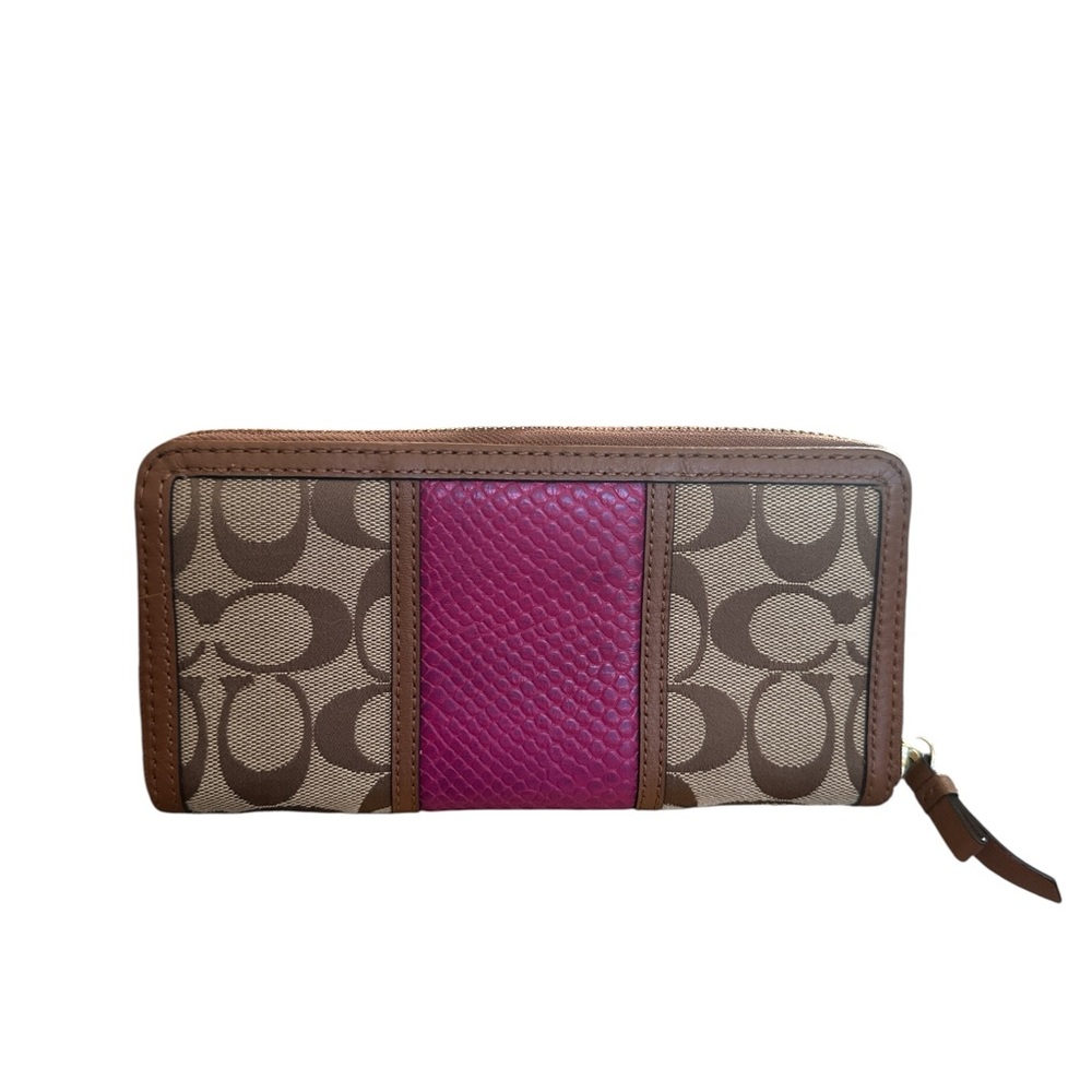 Coach Signature Wallet Pink Python Stripe Zip Around Brown Canvas Leather - Picture 4 of 5